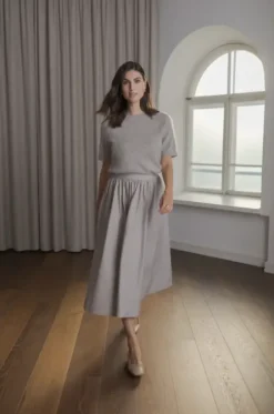 Sale Claressa puuvillahame leveällä käänteellä, greige Mekot Ja Hameet|Juhlavaatteet