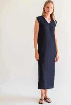 New Gauhar - pellavamekko v-kaula-aukolla, navy Mekot Ja Hameet|Juhlavaatteet